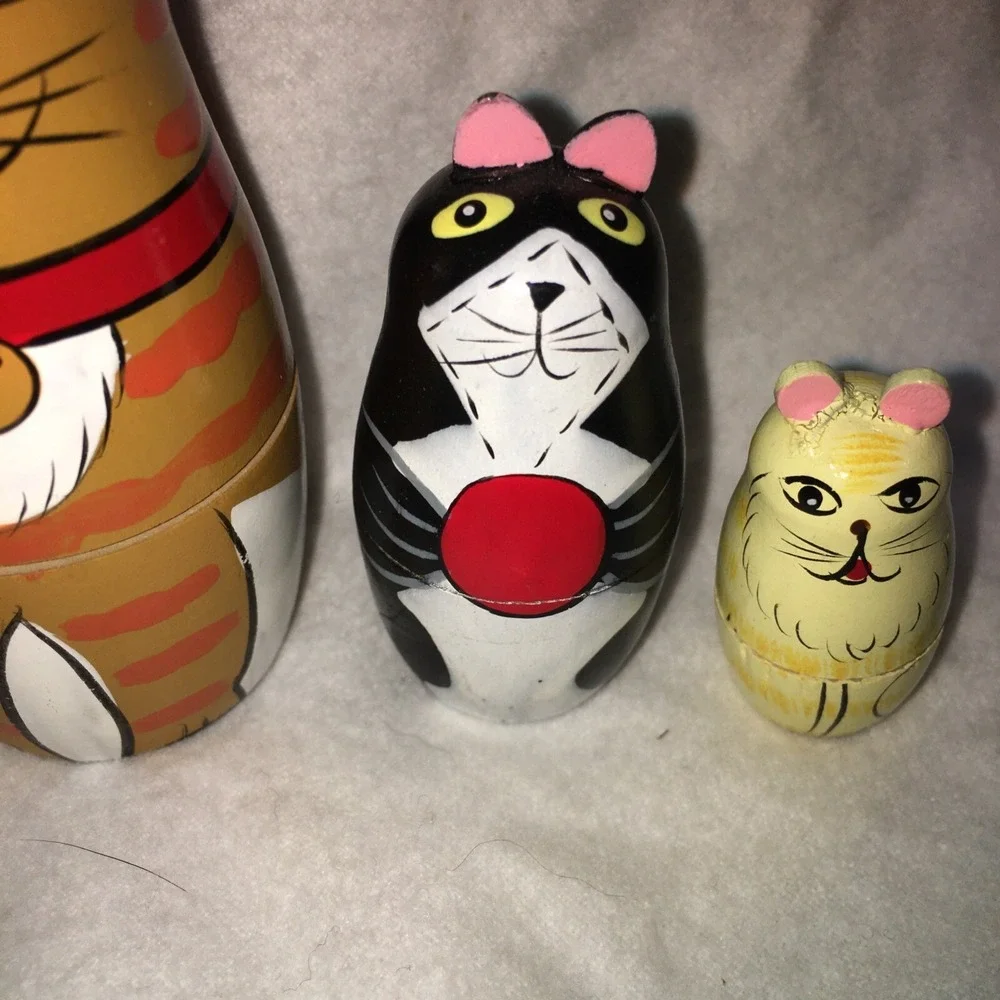 Cats Nesting Dolls Set of 4 Wood Kittens Mouse Russian